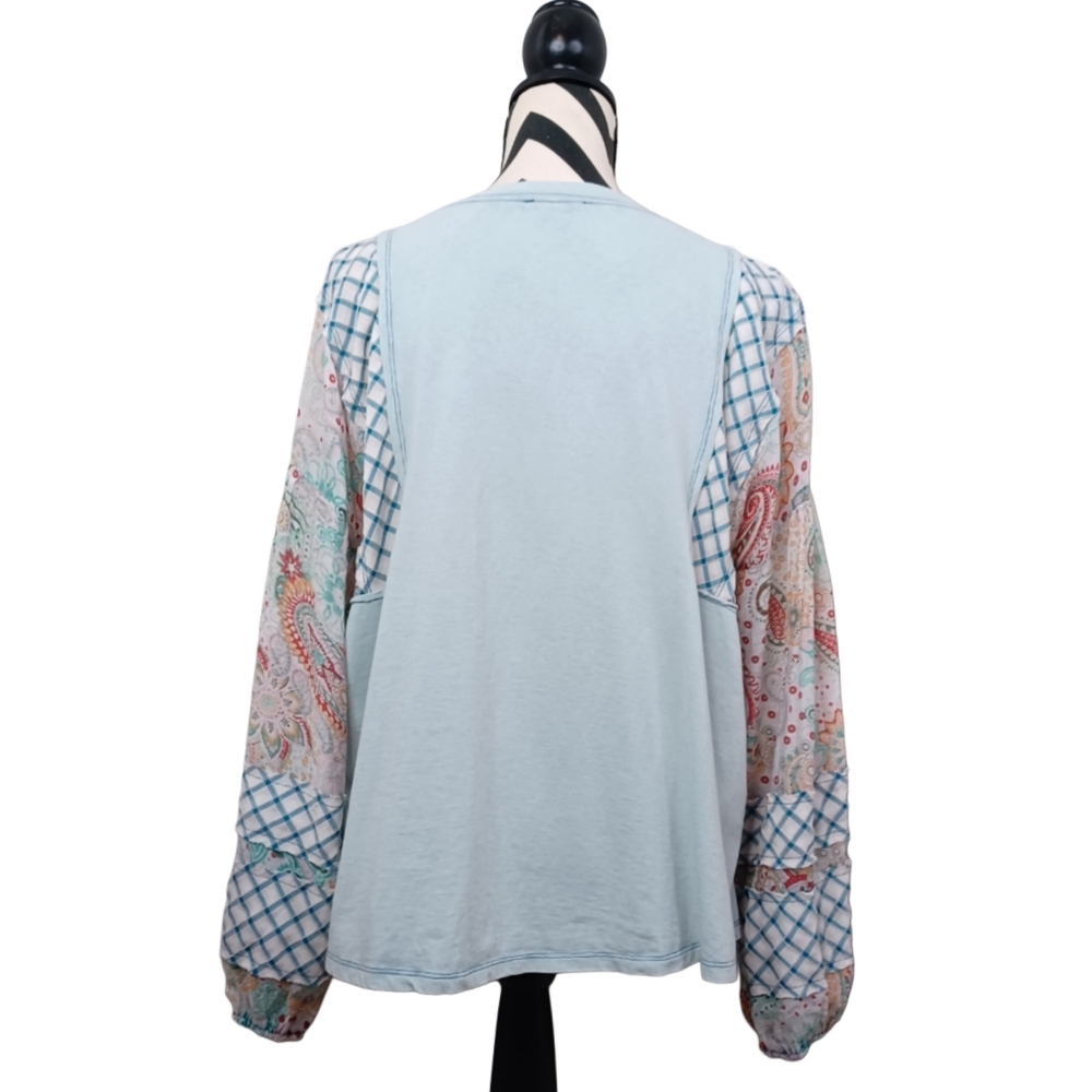 Easel Light Blue Blouse With Patterned Sleeves - image 2